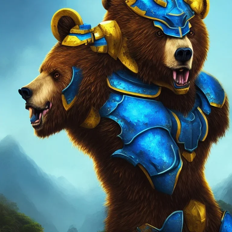 An angry bear in blue and gold armor, background of Inka jungle, high detail, smooth, realistic, digital illustration, Artstation, artgerm,