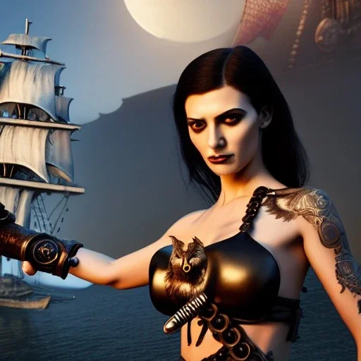 realistic, young model with dagger, short black hair flowing. holding a sword. black tatoo on arm. dressed a steampunk pirate, bra with carved leather. Salvador dalì style. Ships in background with high details. 4k, unreal engine. A owl is landing in background.