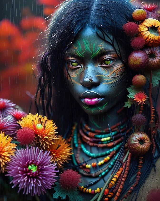 Vibrant autumn foliage in a rain-kissed setting, Ikebana arrangement, Haiku poetry inspiration, Japanese garden elements, autumn asters, Utagawa Hiroshige essence, Isaac Levitan influence, woman with dark skin, tribal markings, mysterious expression, piercing eyes, flowing black hair, colorful beads, layered textiles, bright hues, ornate jewelry, cultural richness, dark, blurred backdrop, GoBi, Наталья И-ва.Mystical character with pale blue scaly skin, icy green eyes, dark eyeliner, cascading da