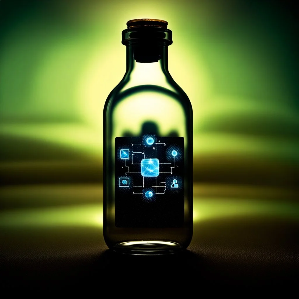 A digital message in a glass bottle. The message is the creation of artificial intelligence.