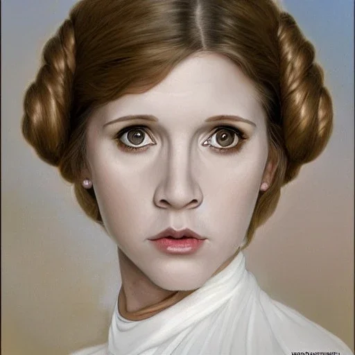 [[extrem beautiful photorealistic young Carrie Fisher as Princess Leia]] :: [[photorealistic brown eyes, short hair, head and shoulders portrait, 8k resolution photorealistic portrait by Greg Rutkowski, Artgerm, WLOP, Alphonse Mucha, dynamic lighting, hyperdetailed, intricately detailed, triadic colors]]