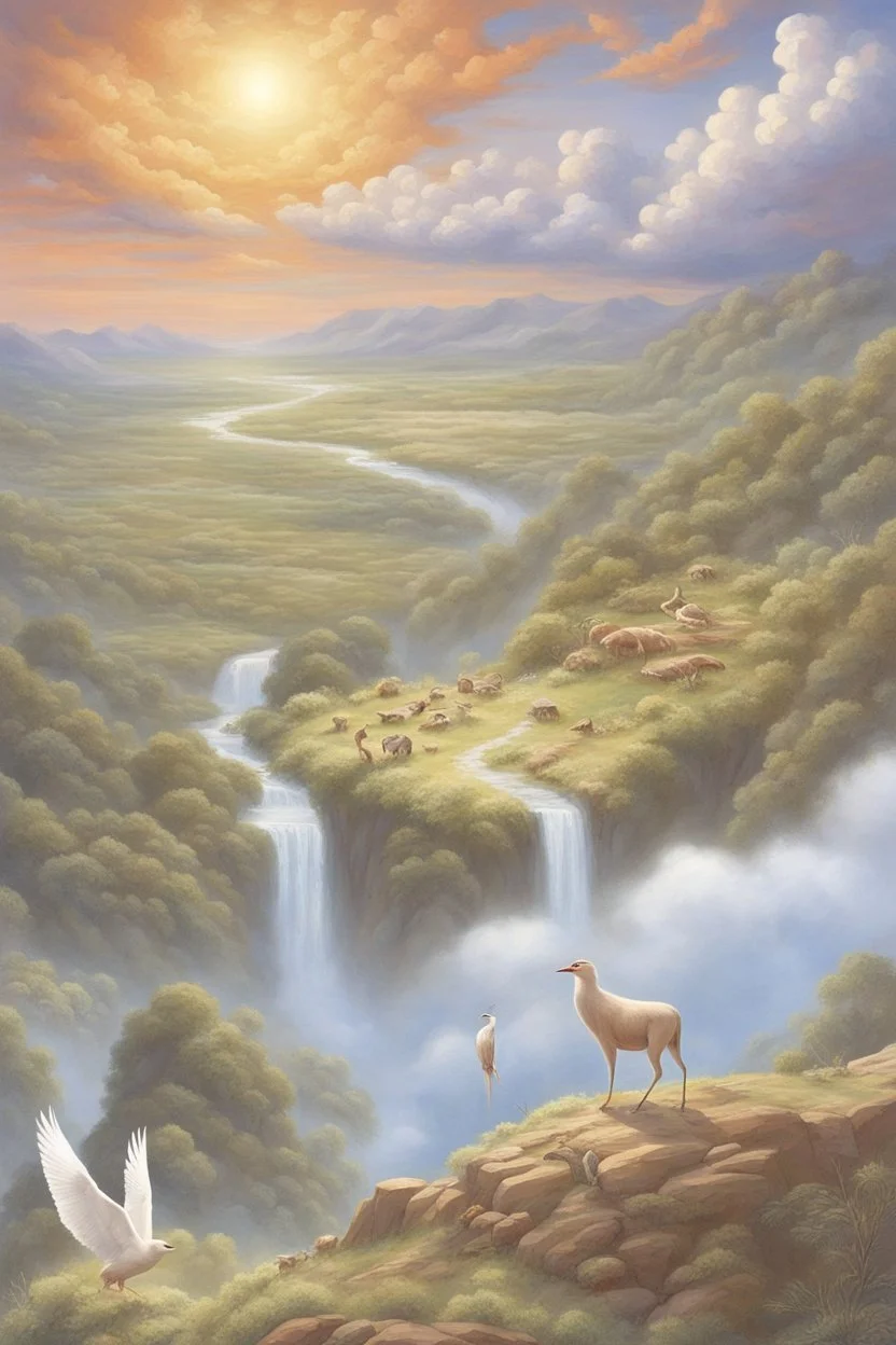 The creation of the world by God. In front of us is a valley with a beautiful landscape, where beautiful animals roam, beautiful birds fly in the sky, beautiful clouds and God in the clouds