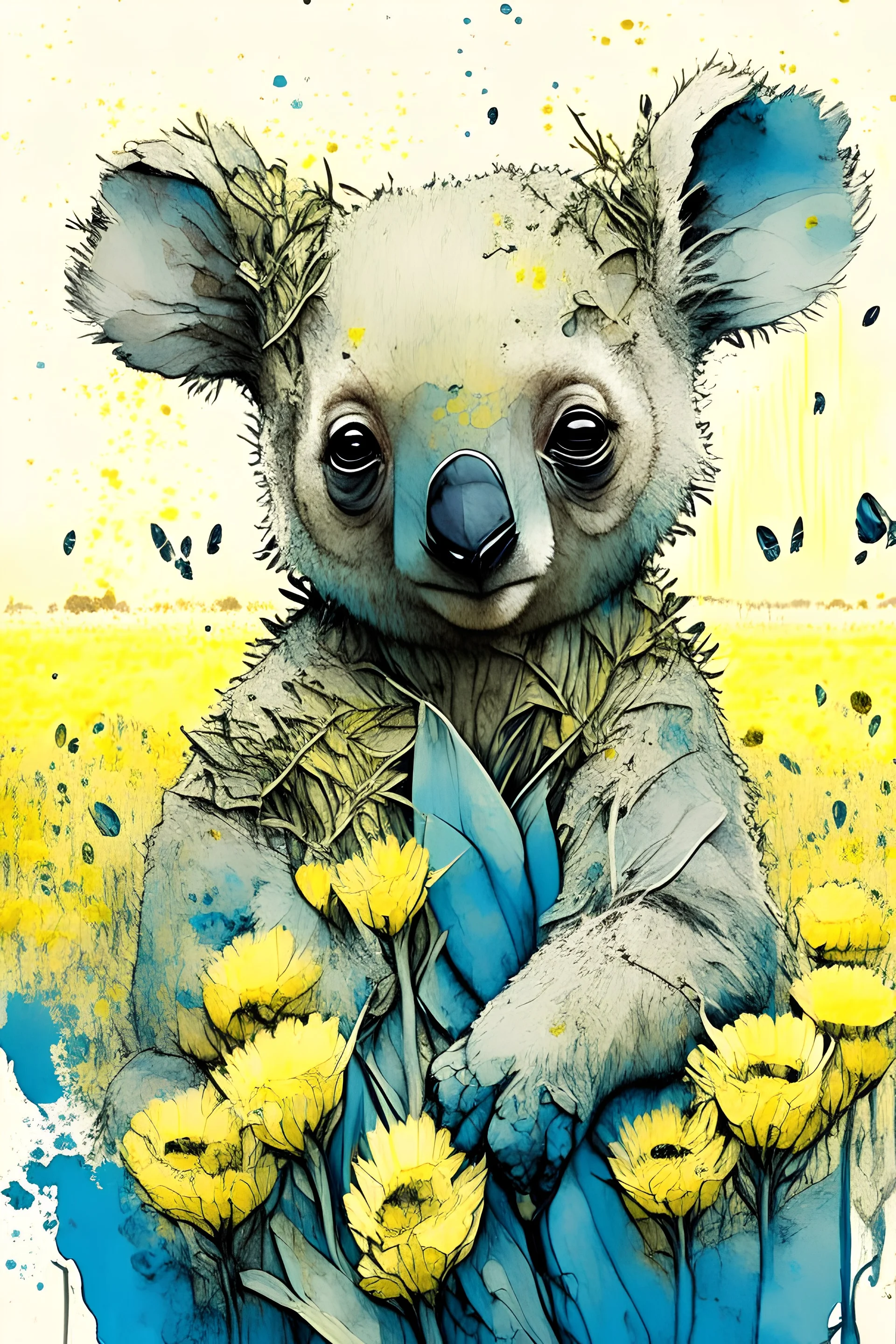 Portrait of An adorable big eyed Koala with a cown made of Eucalyptus on a field of Daffodils by Awwchang and James Christensen and CGSociety and Carne Griffiths and Minjae Lee, fun background, Lou Xaz