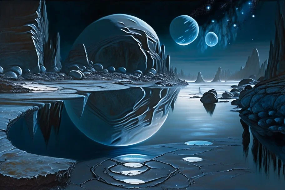 Grey Exoplanet in the hotizon, rocks, Night, lagoon reflection, sci-fi, epic, otto pippel painting