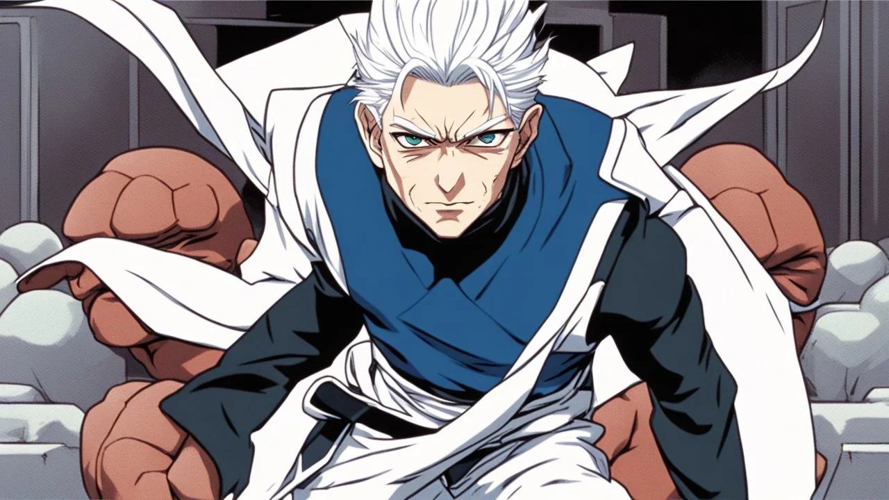 Satoru Gojo is a young tough guy white hair blue eyes black turtleneck without arms white loose pants in a defensive pose