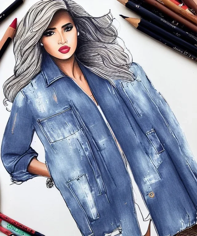 Fashion illustration, fashion drawing, Croquis, Hussein Suleiman, Jefferson Osei, Abderrahmane Trabsini, Fenty, denim jacket, modcloth patches, distressed Jean's, flare