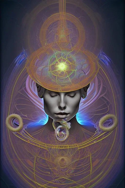 Spiritual being with Tentacles over human Head creating reality around, wrapping Spiral around Human, Psychedelic