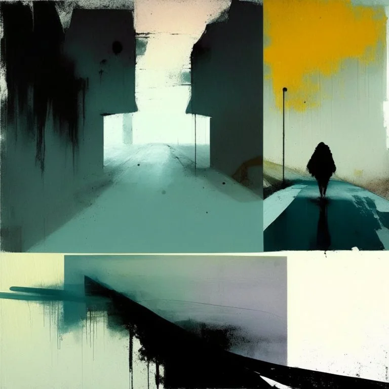 A desolate concrete road with steps to a bridge. In the style of Justin Mortimer and Phil Hale. Minimalist contemporary painting with rough brushstrokes.