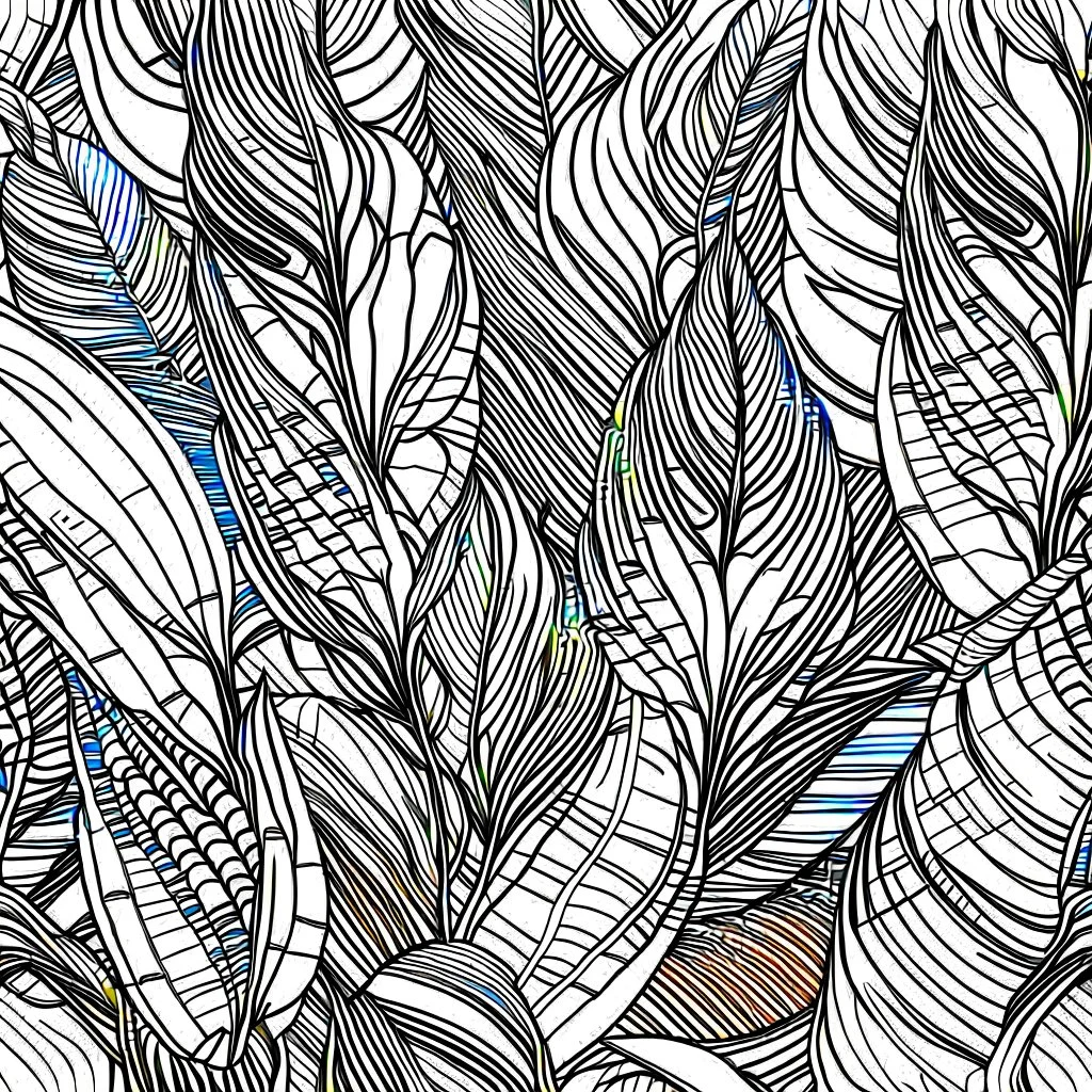 seamless banana leafs wallpaper pattern in vector lines, full page, black lines and transparent background