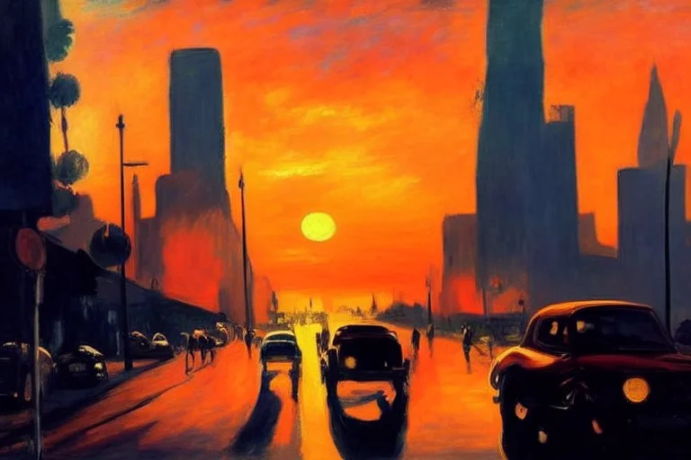 cars, city, sunset, street, buildings, frederic bazille and edouard manet painting