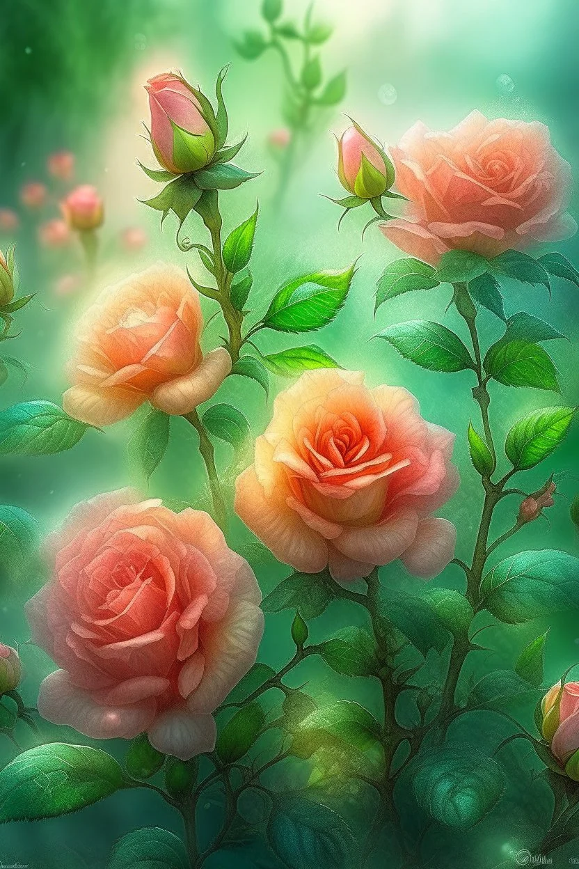 magic Watercolor, double Chinese rose bush, ultra-detailed, morning, rain, greenery, beautiful landscape, fog, many details, delicate sensuality, realistic, high quality, 3d, work of art, hyperdetalization, filigree, foggy haze background, hyperrealism, professional, transparent, delicate pastel tones, back lighting, contrast, fantastic, unreal, translucent, glowing, clear lines, epic fabulous, fabulous landscape, hyperrealism