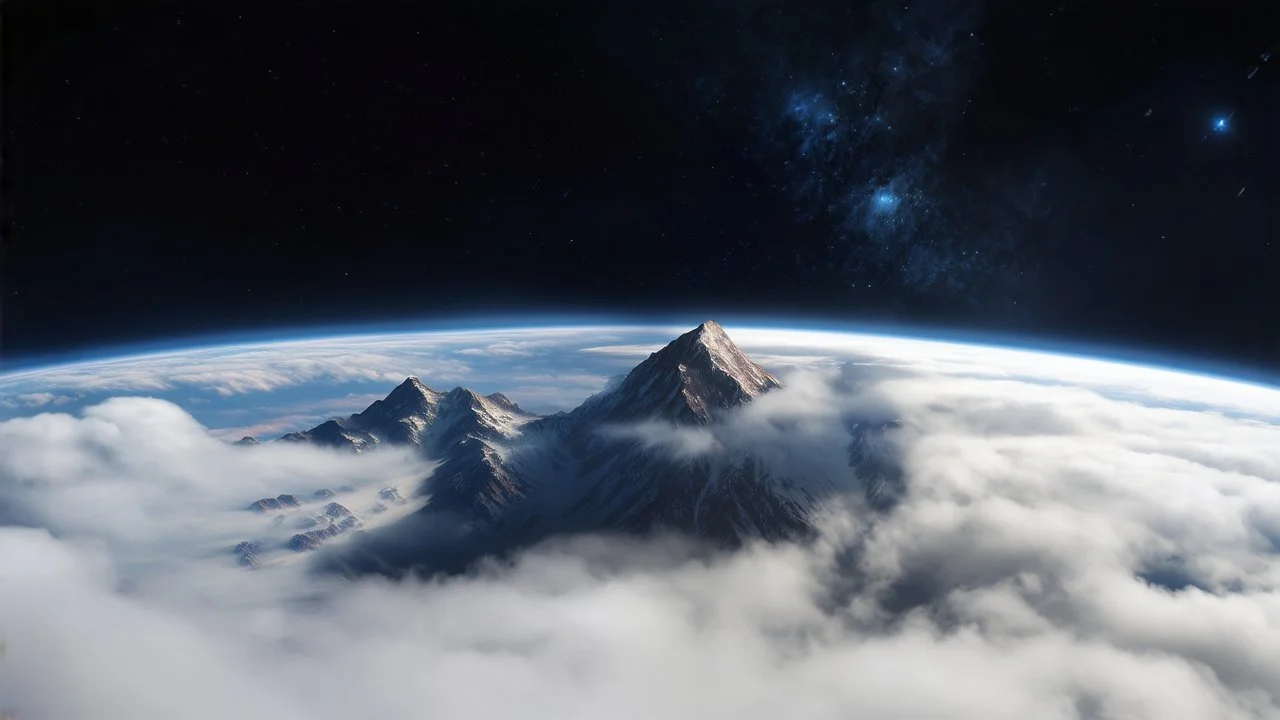 a fog planet's atmosphere is pierced by a single sharp mountain peak. a curved horizon separates the starry space