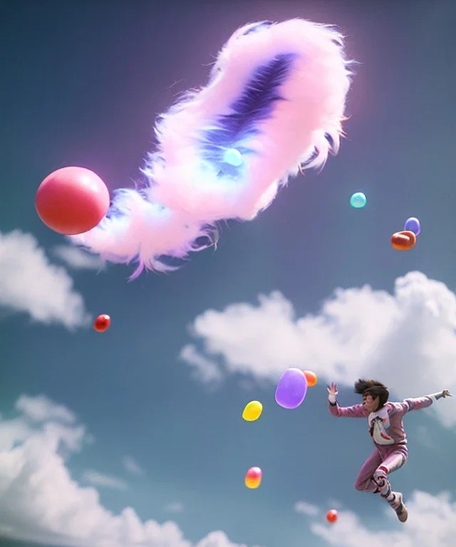 Ultra realistic speed clouds sky scene, wide angle view, sweet men falling down with many Childs, feather color clothing, free jumping flying, many trinkets, hair monster, many jelly beans, balls, color smoke, smile, happy, circus style, extreme, wind, clouds sea, 20,000 feet altitude, stratosphere, soft color, highly detailed, unreal engine 5, ray tracing, RTX, lumen lighting, ultra detail, volumetric lighting, 3d, finely drawn, high definition, high resolution.