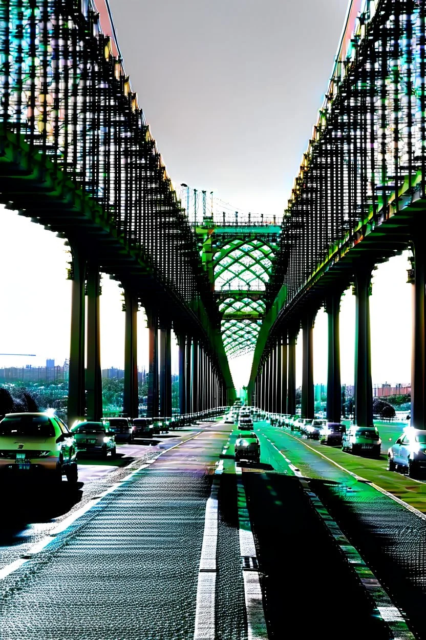 Schwarzweißfoto frontale Sicht auf Fahrbahn und Pfeiler der Oakland Bridge vom exakten Zentrum der Fahrbahn aus, Horizont liegt bei einem Drittel der Bildhöhe, mäßiger Verkehr in beide Richtungen, ausschließlich amerikanische Autos mit Baujahren zwischen 1950 und 1960