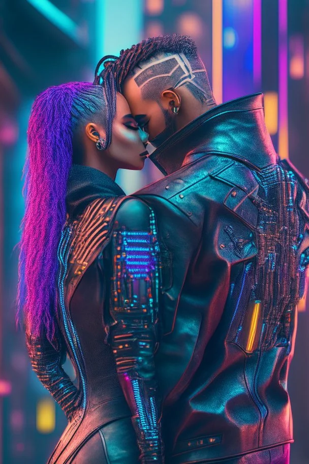 Forbidden lovers deep colours in a cyberpunk setting, great pose,magnificent, majestic, highly intricate, Realistic photography, incredibly detailed, ultra high resolution, 8k, complex 3d render, cinema 4d.