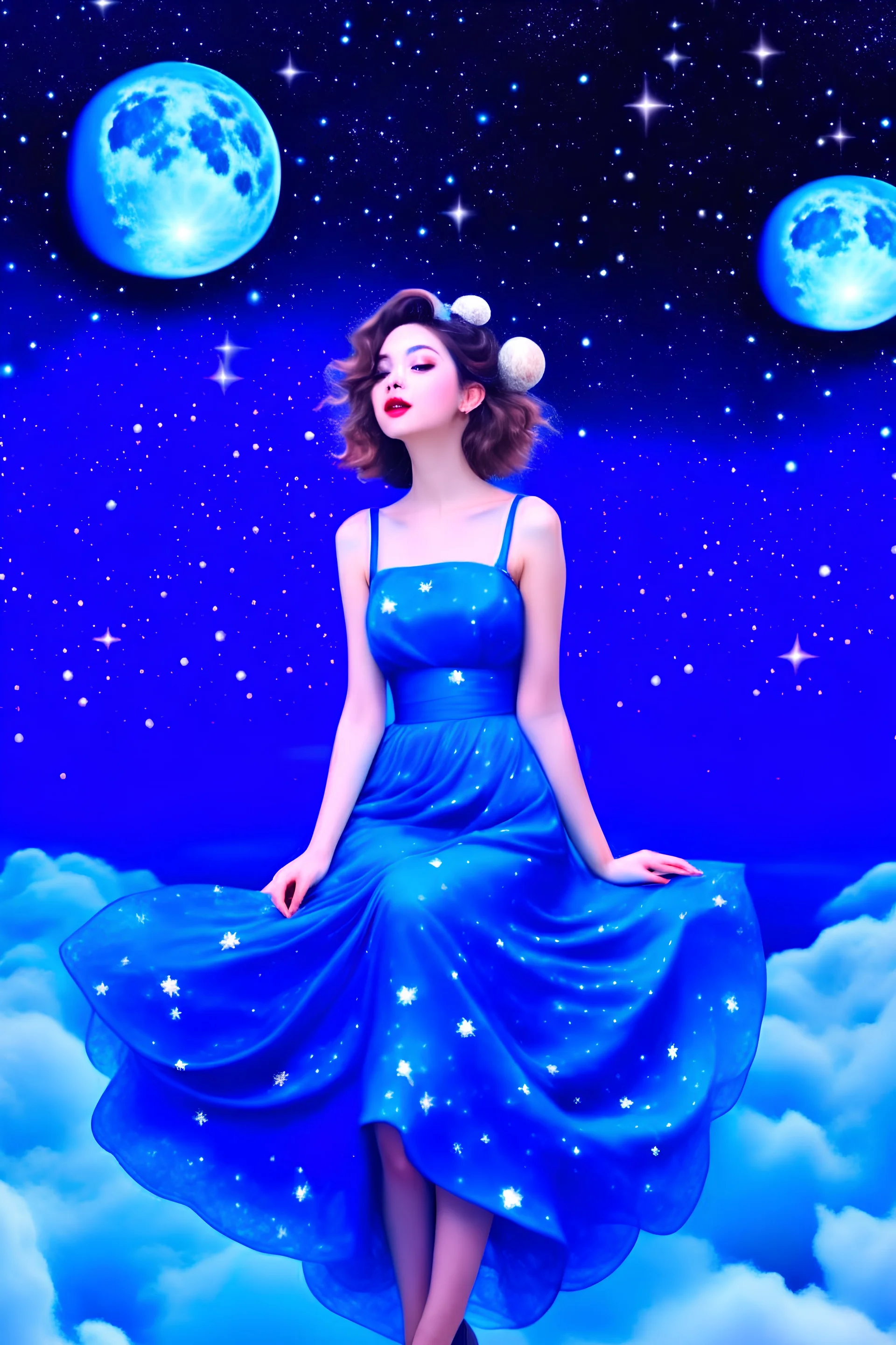 cosmic girl under moonlight Saturn planets stars clouds blue shimmery dress floating