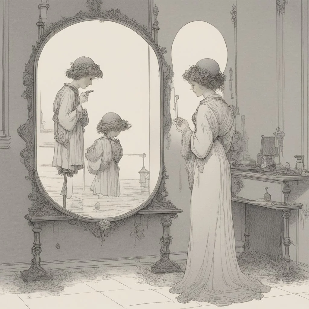 [art by W. Heath Robinson] the reflection in the mirror is not her