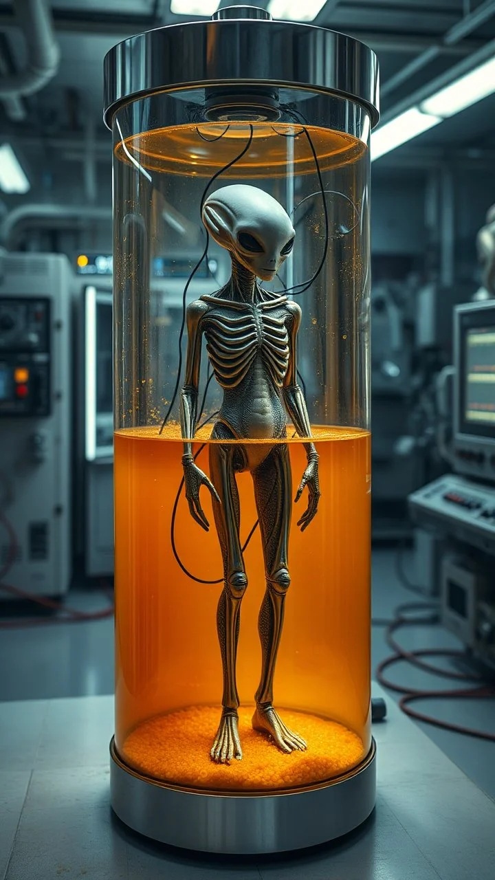 Sleeper in tube cabinet made of glass filled to the top with honey coloured liquid , in a laboratory inside it a half alien and a half human creature body standing vertically inside , connected with wires and electrical wires , the human standing in side, a high tech equipment in the background ,4K, cinematic, high resolution