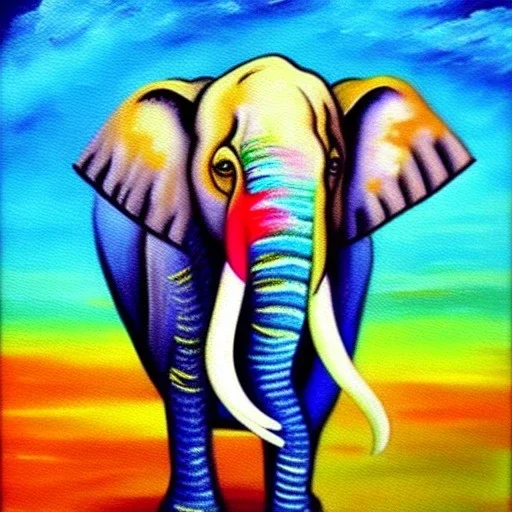 Dibujo al oleo de un elefante indio pintado con muchas nubes de colores estilo Vincent van Gogh