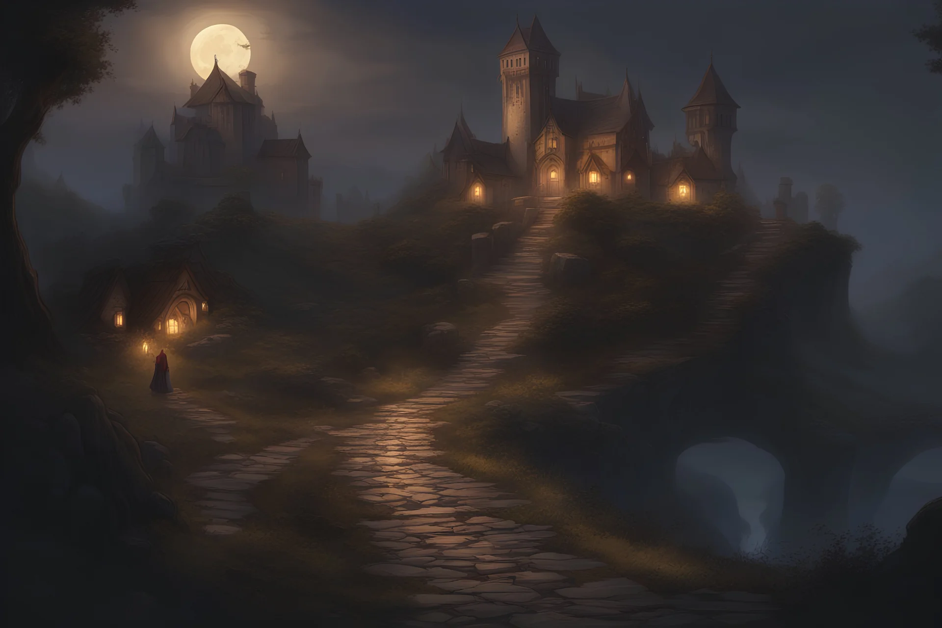 professional concept art, medieval magic path at night, full of details