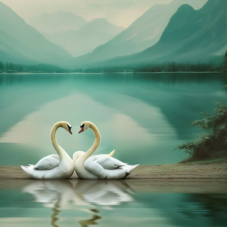 two swans in a romantic lake, dark green and warm yellow color, fantasy atmosphere, photo quality