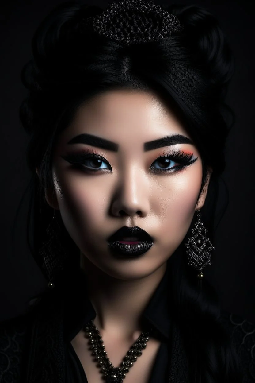 portrait of a young gorgeous fantasy asian goth woman, black makeup, black eyeline, black lipstick, fantasy style, realistic style, highly intrictae details, high quality, 8k