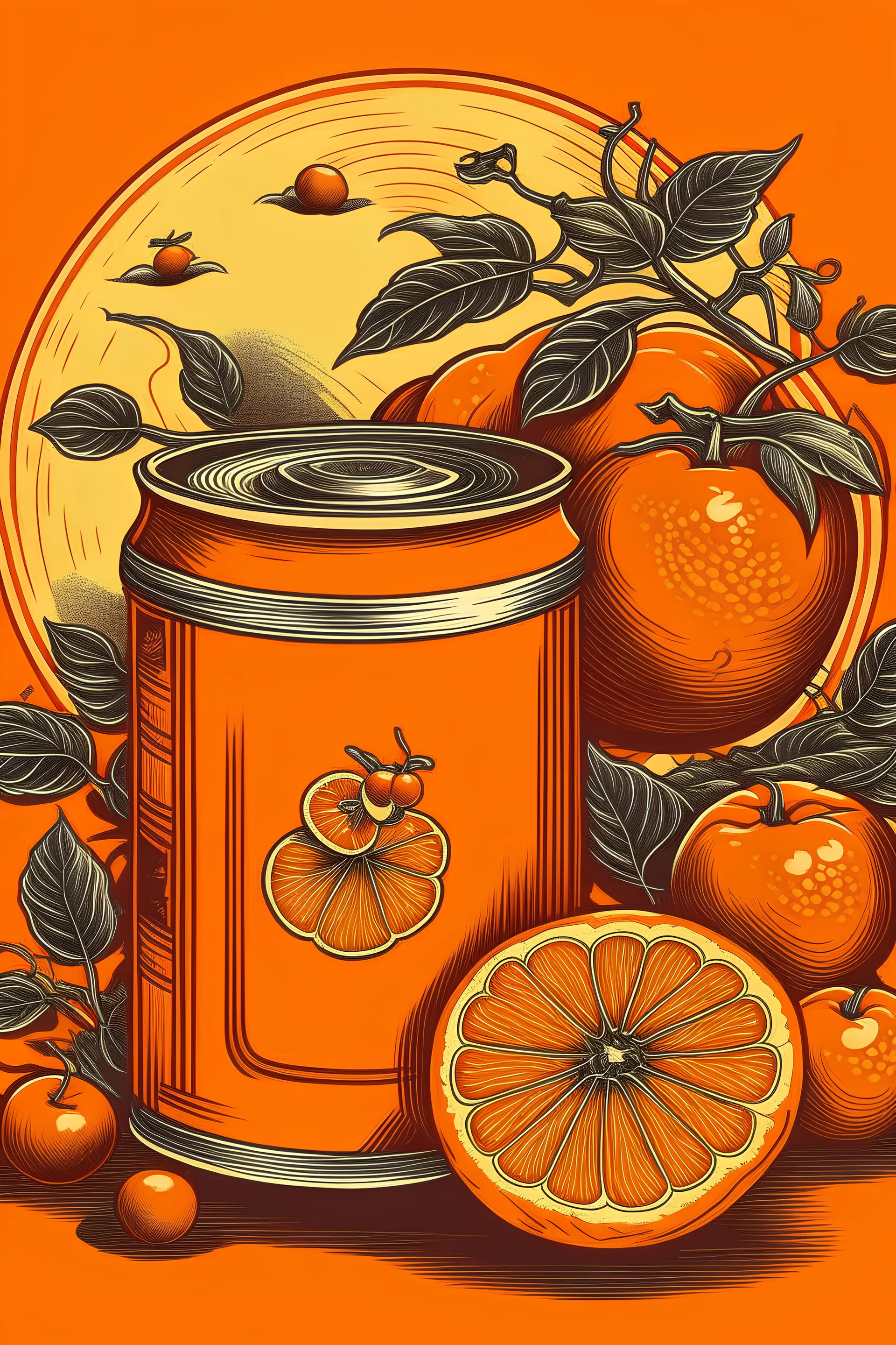 Orange can with chillis and oranges on the can in an ancient Chinese art style