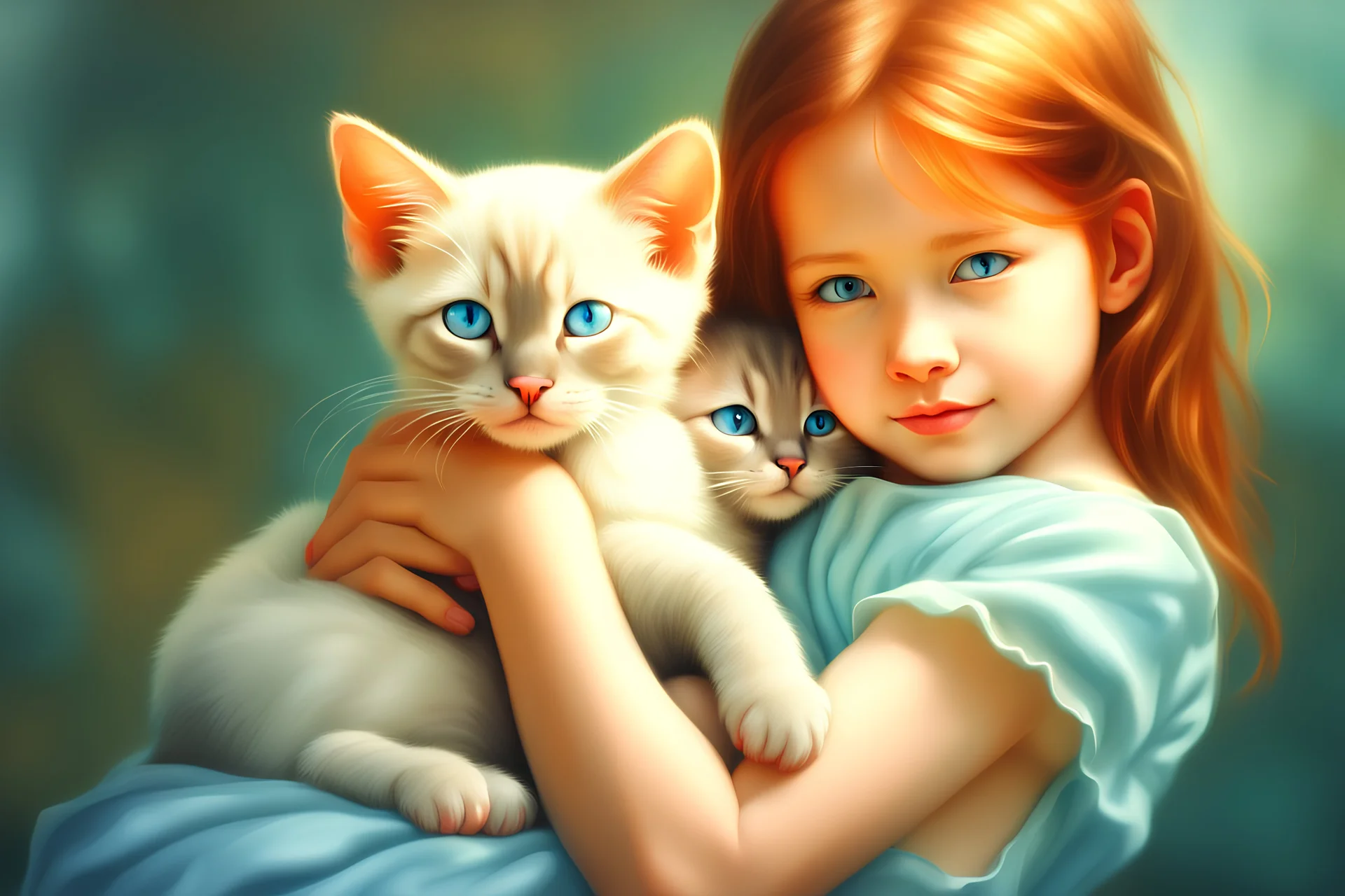 young red haired child lovingly cradles a sweet blue eyed Siamese kitten in her arms, the two of them exuding an air of peace and grace. Modifiers: Award winning photography fantasy oil on canvas photorealistic very attractive dynamic lighting fantastic view ultra detailed cinematic postprocessing VRay neon Iridescent aesthetically perfect facial features Tesselated