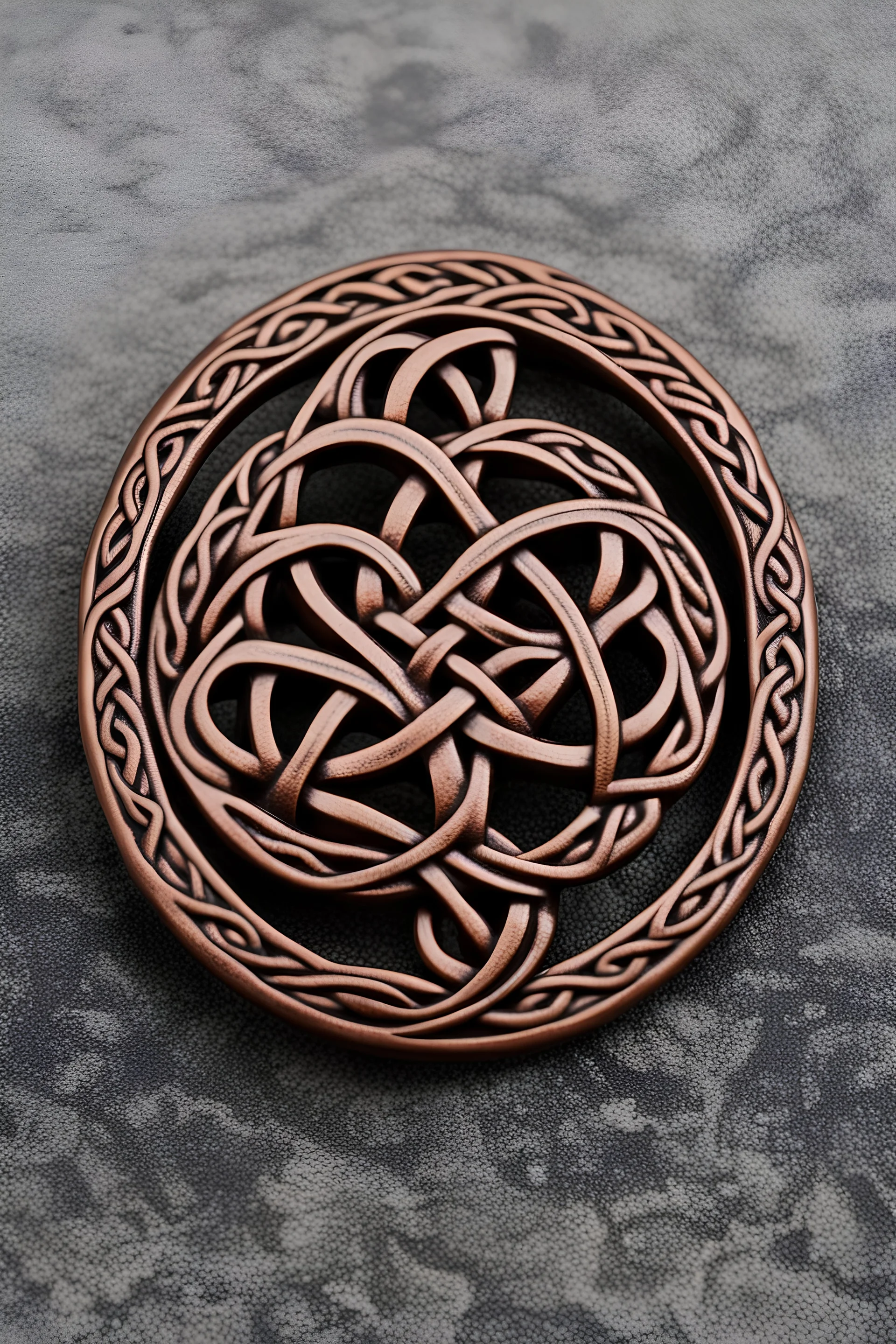 circular celtic knotwork brooch made of dark copper