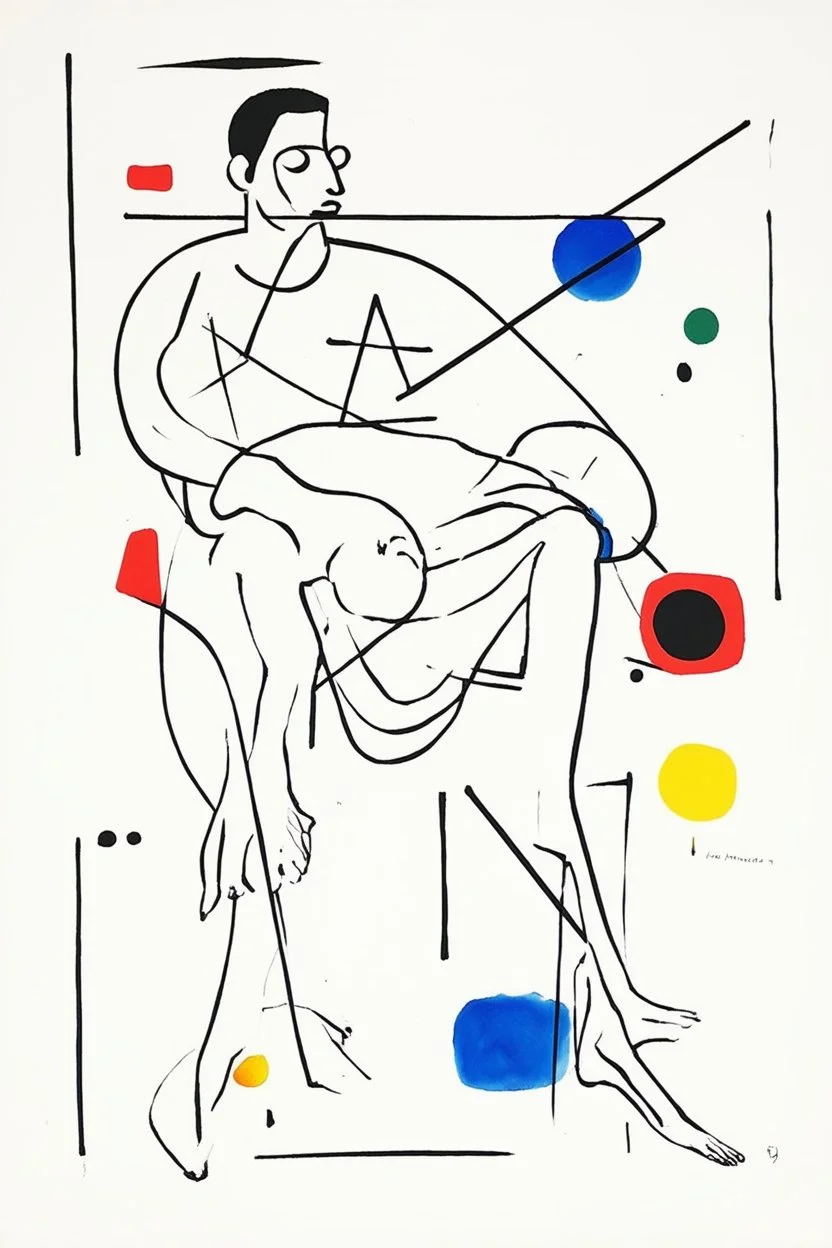 Reprezentare grafica moderna figurativa cu simboluri ,minimal art similar cu desenele lui Picasso , a unui desen facut de un autist , reprezentand statuia Pieta , în stilul combinat acuarelei umede a lui Joan Miro si cu filigran lineart minimal a lui Jean Cocteau cu Paleta de culori impresionista cu culori putine si tari. Fond alb si linii color subtiri si paralele, cu umbre de lumina cu hasuri incrucisate