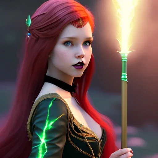 Gorgeous teenage girl with red hair who is dressed like a witch casting a spell with a staff, green eyes, background is realistic space, goth girl dress, full body portrait, arm colors gradient effect into stars, rendered, unity 3d, unreal engine, dslr, hdr, 4k, edited, photorealistic, normal number of appendages, freckles, artists rendering