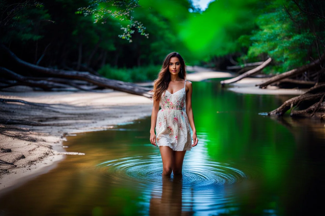 beautiful girl in pretty dress walking in water toward camera in trees next to wavy river with clear water and nice sands in floor.camera capture from her full body front