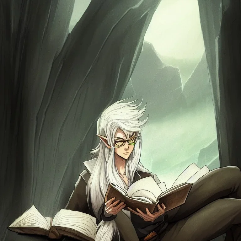 portrait of one single calm elf with white hair in brown suit reading a legendary book, fantasy character art, concept art, scribble style, somber, gloomy lighting, epic perspective, trending on artstation