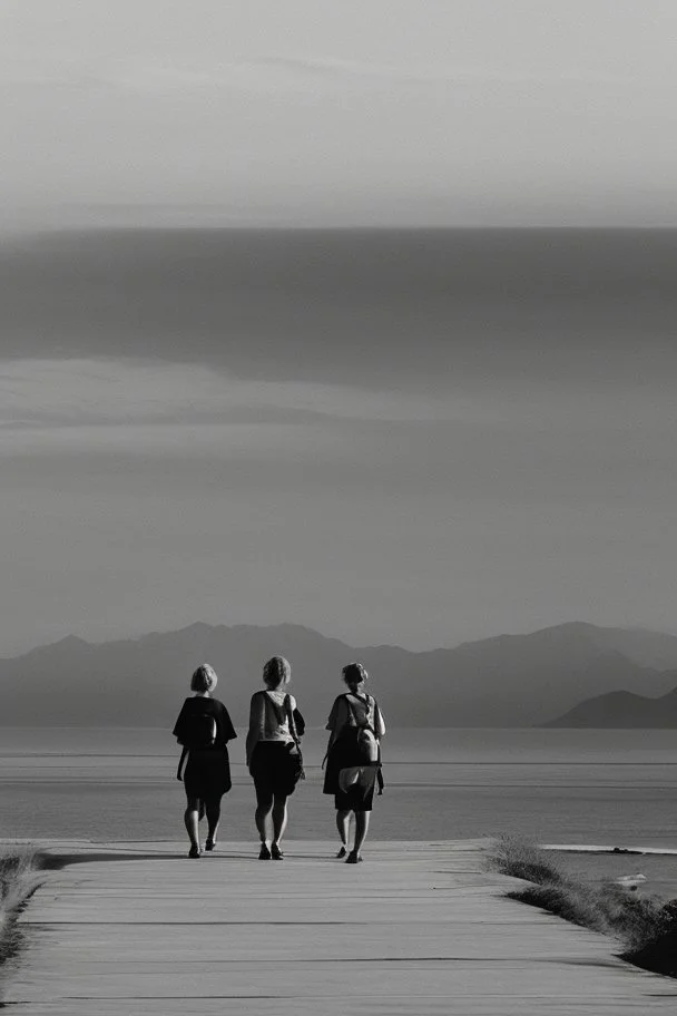 a group of woman walking along a path that winds towards the top of a mountain, it is summer, the sea in the background photography taken with a Leica camera and 50mm lens, real photography in black and white, nostalgia