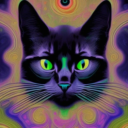 mystical black cat lays on a psychedelic colored mushroom