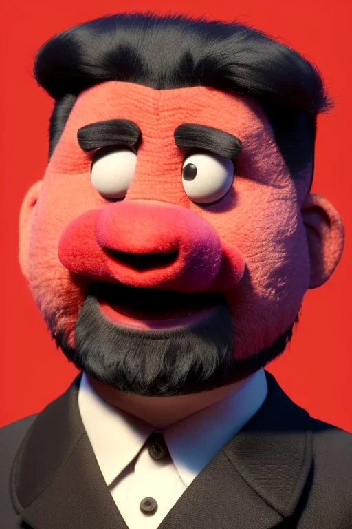 Waist up muppet Portrait, Kim Jong-un muppet doll, black suit, photo studio, red background, unreal engine 5, concept art, art station, god lights, ray tracing, RTX, lumen lighting, ultra detail, volumetric lighting, 3d.