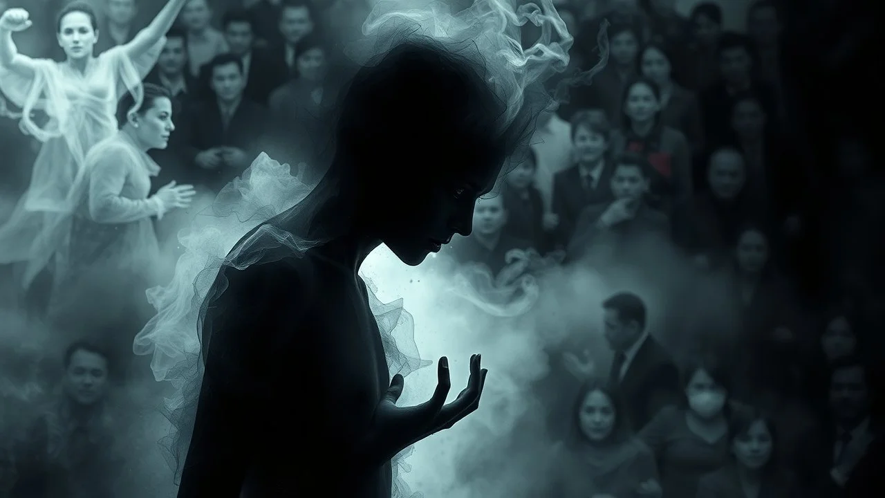 Abstract surreal scene of a human soul in conflict ,— a figure dissolving into shadows and smoke, body torn into shards of light and darkness. Shapes twist and melt like oil paint, forming ghostly hands and distorted faces emerging from the fog. The background is a blur of noise, chaotic patterns and faceless crowds, symbolizing the indifferent outside world. A haunting, dreamlike composition that captures isolation, inner demons, struggle of anxiety. surreal, atmospheric