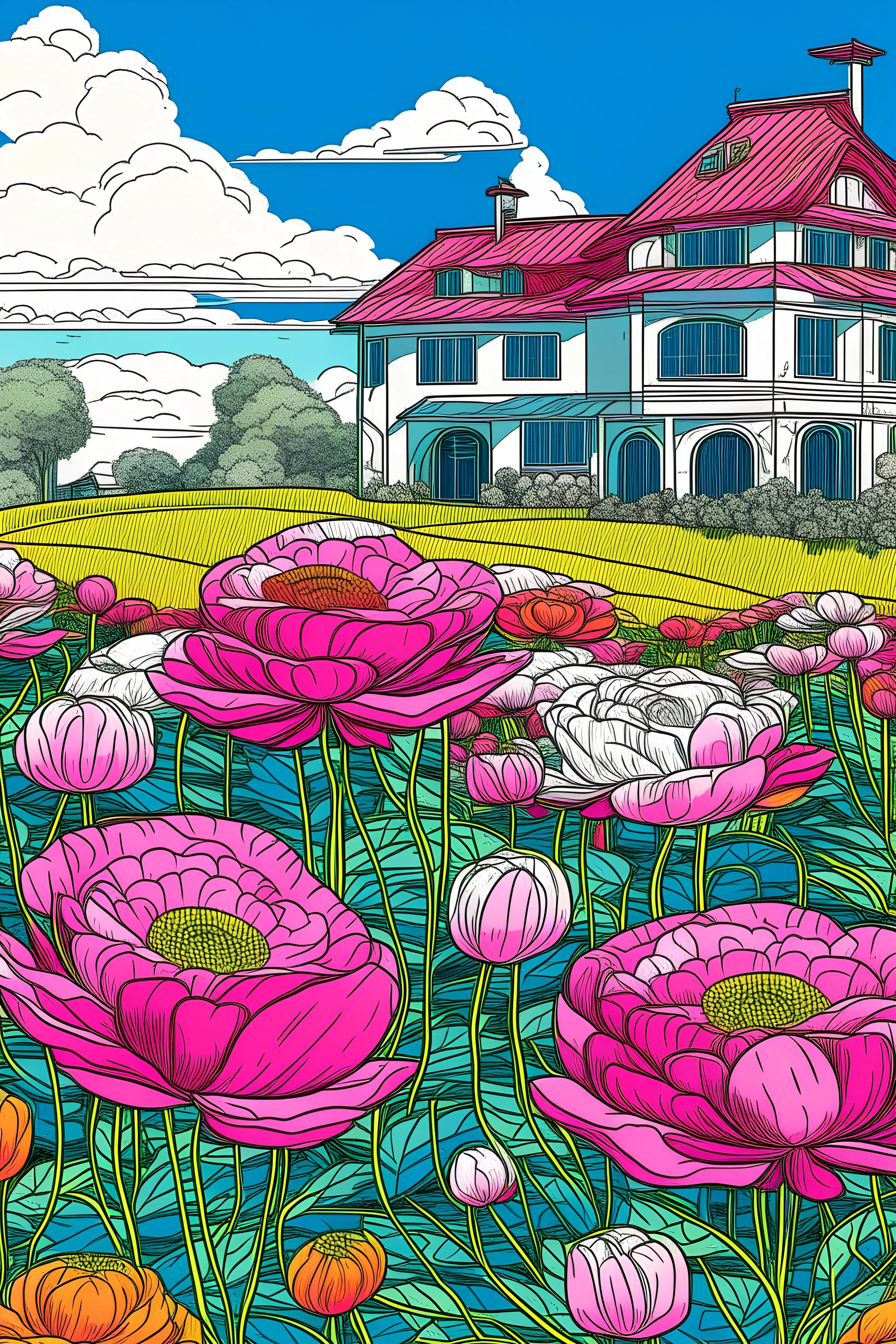 Drawing a landscape surrounded by flowers in the style of the influential school