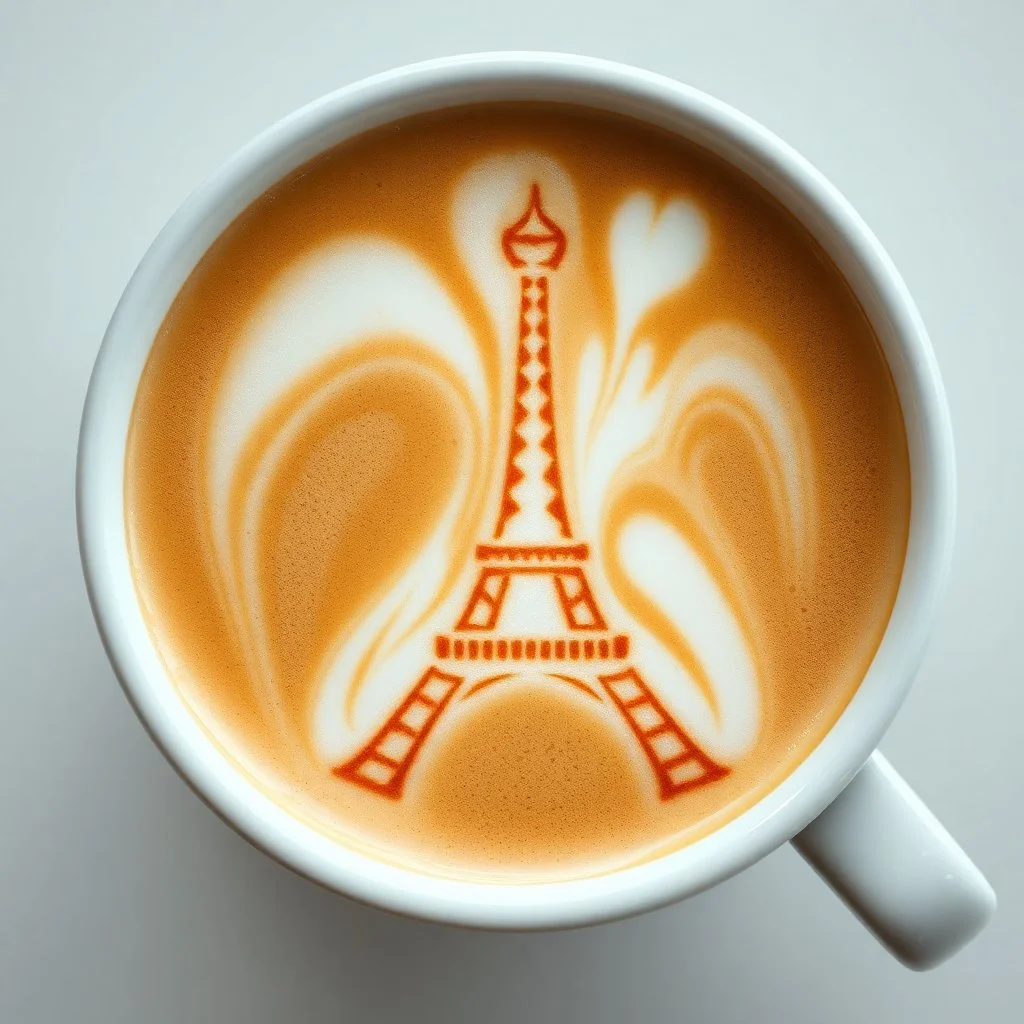 close up top-down view of a latte with the Eiffel tower formed in the milky foam, professional photography, looks like an advertising campaign photo, delicious