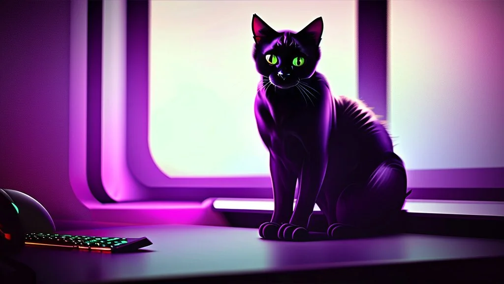 Cute black cat sitting on a gaming chair, in front of a gaming PC table, in a dark room with purple lights and gaming posters, atmospheric, gorgeous, realistic