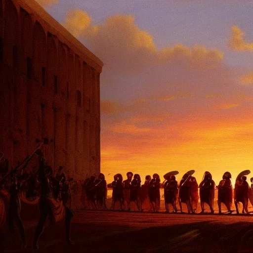 sunset on horizon, roman legion marching