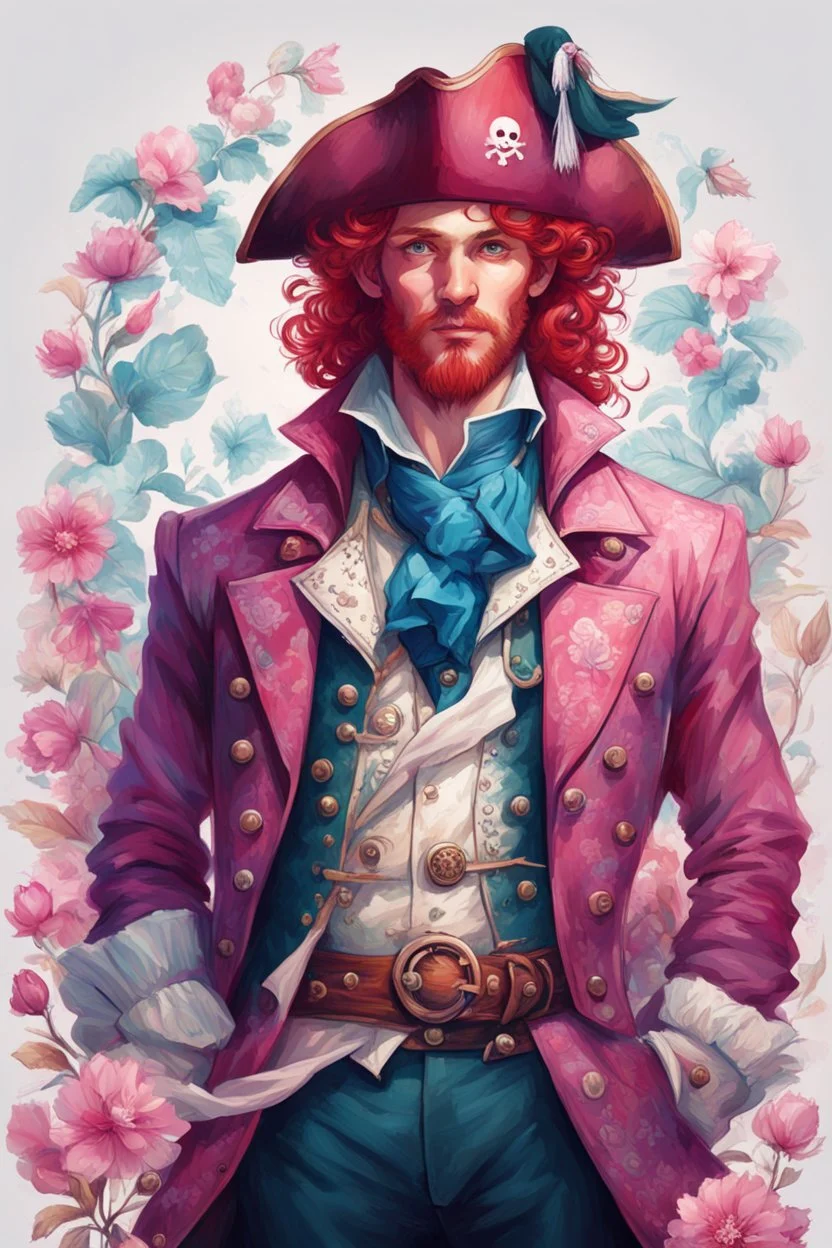 kind sailor, man, red slightly curly hair, long jacket, pink-azure clothes, pink-azure cocked hat in cold colors, white floral pattern on jacket, flower in hair, pirate