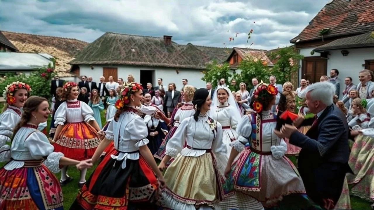 hungarian village wedding, group of women dancing in authentic Hungarian sárköz colorful folk dress with flowers shapes , high realistic, high qulity, detailed, happy, stunning, perfect photo