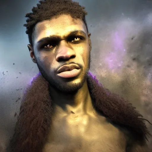 portrait, badass black man, long curly black hair, purple scar on eye, post-apocalyptic, realistic, intriacte detail, sci-fi fantasy style, volumetric lighting, particales,highly detailed,cinamatic, deep colours,8k