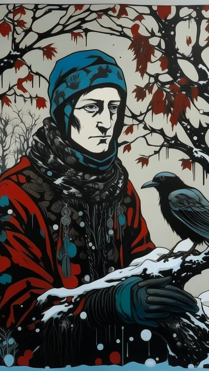 A contemporary serigraphy portrait by Matisse and Kunisada of a human-like raven dressed with a punk leather jacket within a snowy Christmas atmosphere.