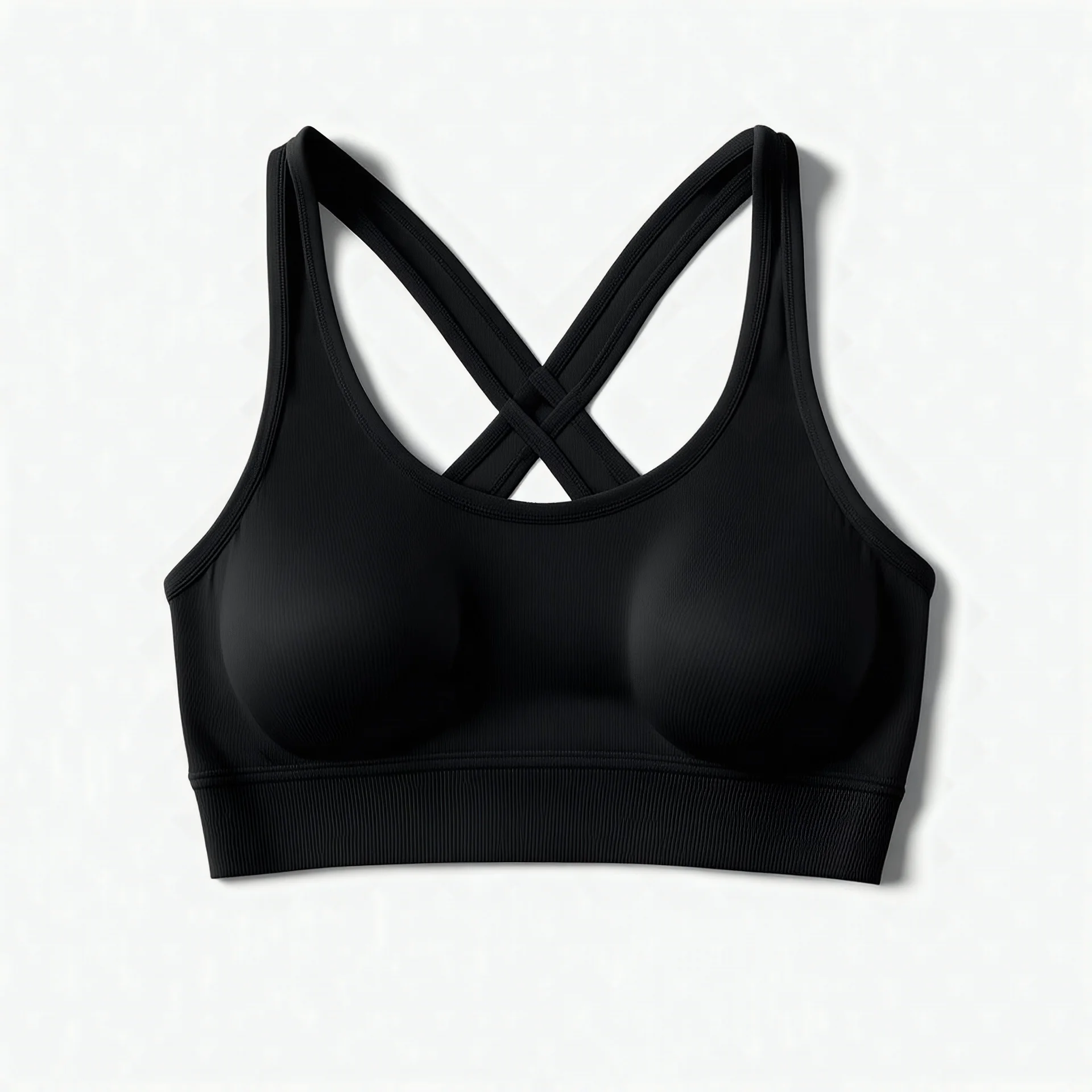 Folded Cross-back sport bra, top view, flat lay, realistic, active wear, black smooth material, round neck, cross-back with four spaghetti straps,