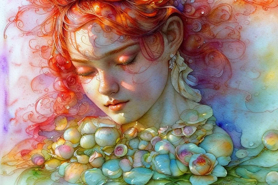 woman in bubblebath, wet on wet + sunrise, petals, watercolor patchwork by Daniel Merriam, Josephine Wall. elegant beautiful watercolor aquarelle