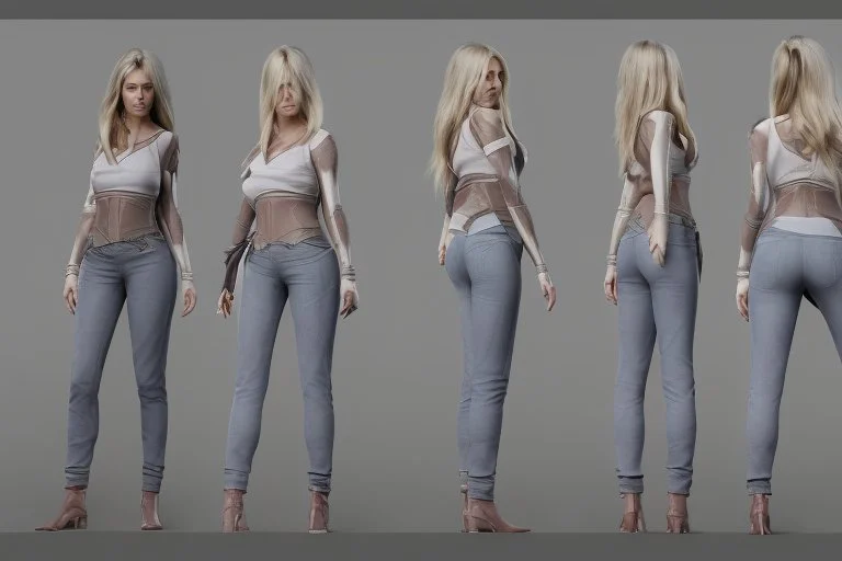 Female characters design mode sheet often have softer curves and a more hourglass figure. Consider the proportions of the bust, waist, and hips to create a feminine silhouette. full anatomy with modern cloth like jeans and t shirt.
