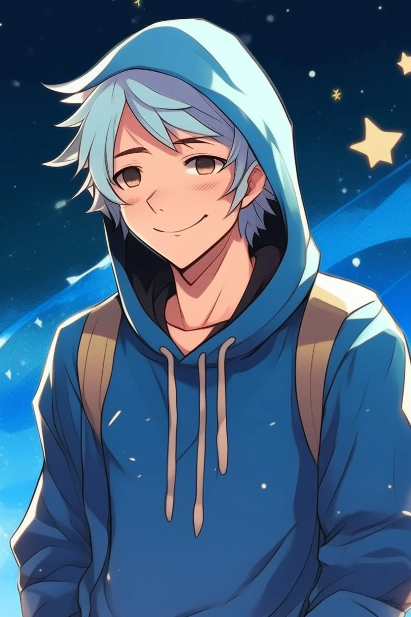 A young man with tousled pink hair and golden eyes floating among the stars wearing a light blue hoodie and black board shorts. He is smiling softly and holding a star in one hand. Anime.