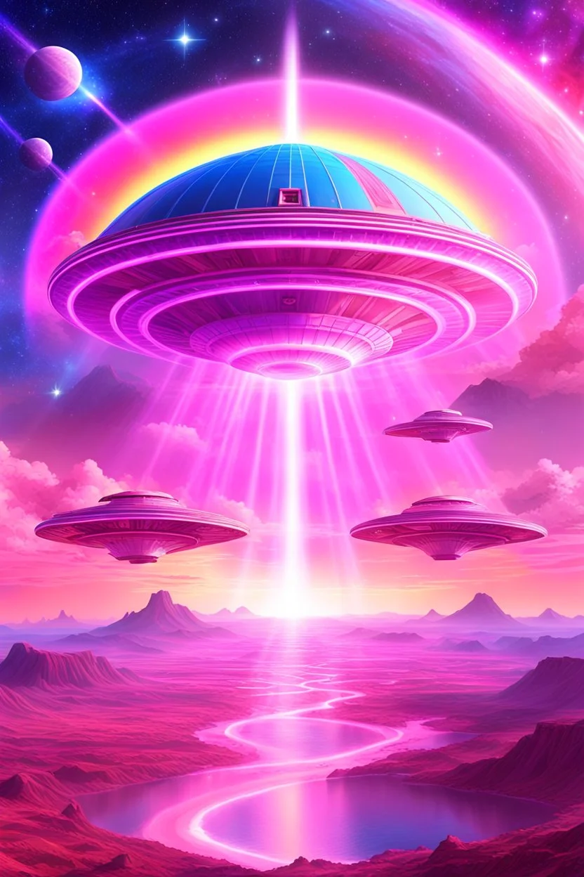 vaisseau interdimensionnel de couleur rose, grands rayonnements, dans un cosmos rose et jeu très étoilé d'or, 8K,ufo rainbow